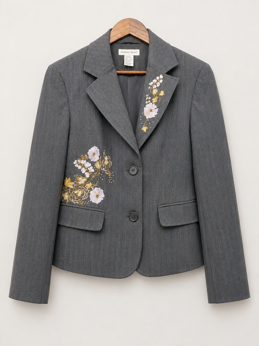 Newport News Blazer 16 Gray Pinstripe Floral Embroidered Beaded Y2K Jacket